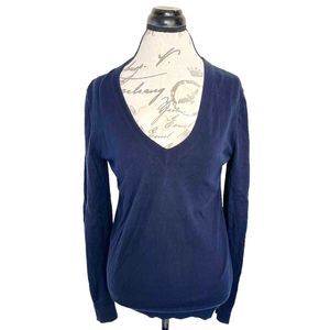 J Crew Womens Sweater Size Medium Ribbed Long Sleeve Cotton Blue V Neckline